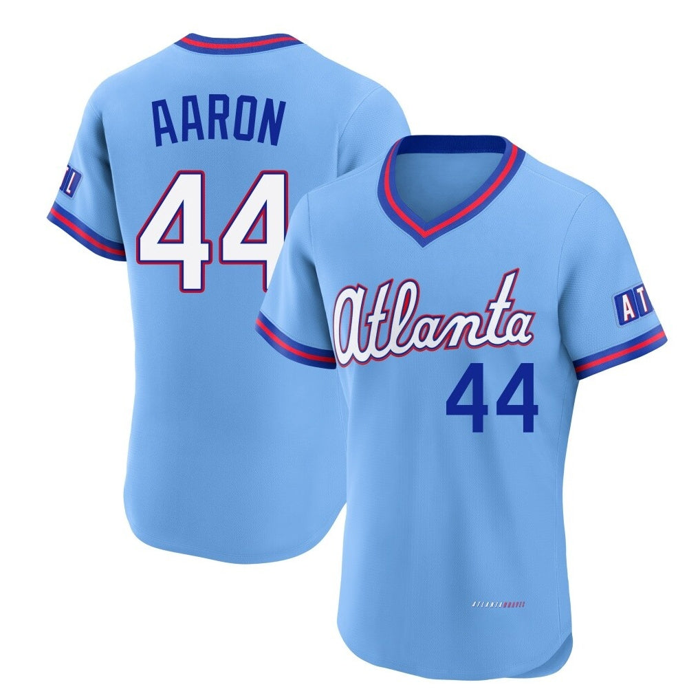 Atlanta Braves #44 Hank Aaron Player Powder Blue AmberGomez 2026 City Connect T-shirt Limited Elite Home Game Stitched Jerseys