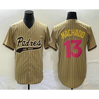 San Diego Padres #13 Manny Machado Tan AmberGomez Pinstripe 2023 City Connect Cool Base Stitched Jersey 2