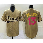 San Diego Padres #13 Manny Machado Tan AmberGomez Pinstripe 2023 City Connect Cool Base Stitched Jersey 2