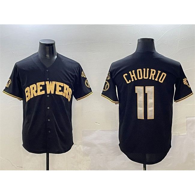 Milwaukee Brewers #11 Jackson Chourio Black Gold AmberGomez With Home Patch Limited Stitched Jersey