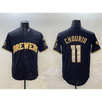 Milwaukee Brewers #11 Jackson Chourio Black Gold AmberGomez With Home Patch Limited Stitched Jersey