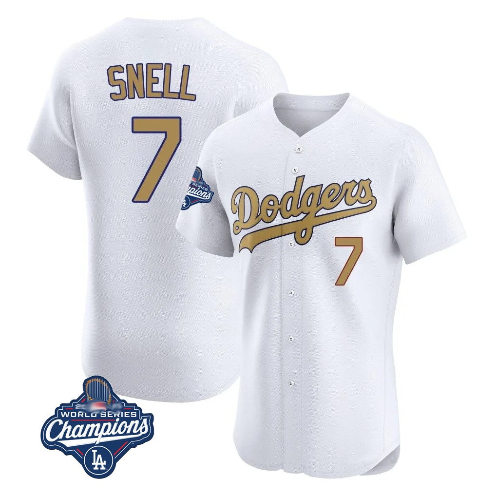 Los Angeles Dodgers #7 Blake Snell Player White Gold AmberGomez World Series Meet Limited Elite Home Stitched Jerseys