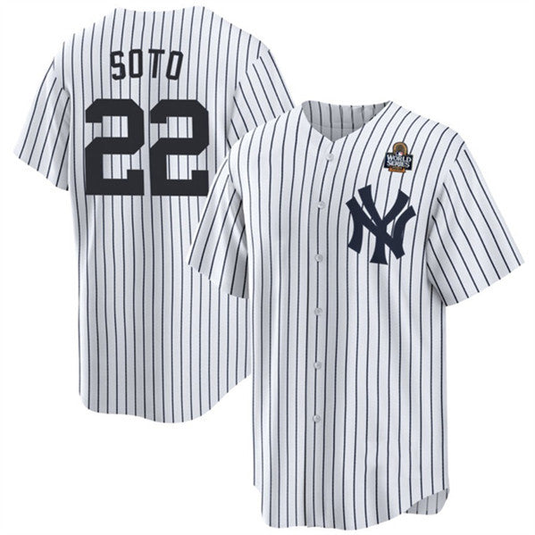 New York Yankees #22 Juan Soto White AmberGomez 2024 World Series With Name Cool Base Stitched Jersey