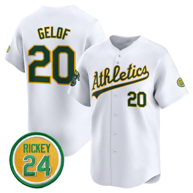 Oakland Athletics #20 Zack Gelof White AmberGomez 2024 Home Limited With Rickey Henderson Patch Stitched Jersey