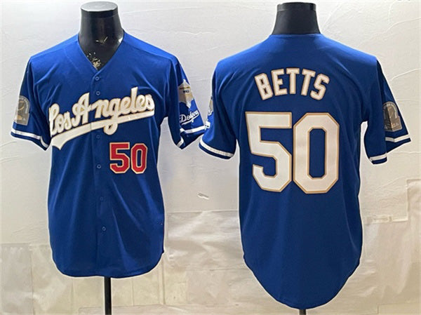 Los Angeles Dodgers #50 Mookie Betts Royal AmberGomez 2026 Gold Collection 9x & B2B Champs Patch Stitched Jersey