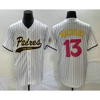 San Diego Padres #13 Manny Machado White AmberGomez Pinstripe 2023 City Connect Cool Base Stitched Jersey 2