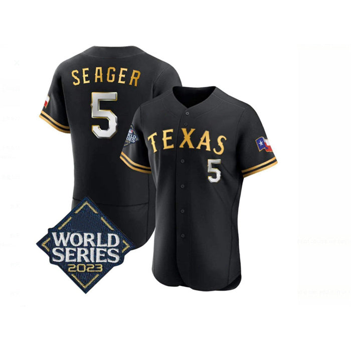 Texas Rangers #5 Corey Seager Black Gold AmberGomez 2023 World Series Flex Base Stitched Jersey