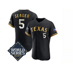 Texas Rangers #5 Corey Seager Black Gold AmberGomez 2023 World Series Flex Base Stitched Jersey