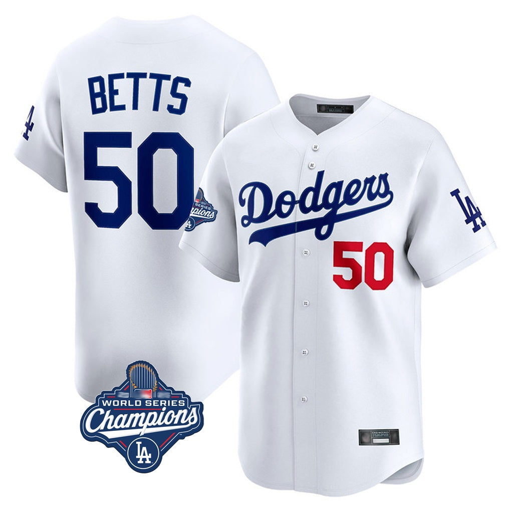 Los Angeles Dodgers #50 Mookie Betts Player White AmberGomez World Series Meet Limited Home Stitched Jerseys