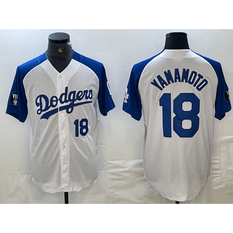 Los Angeles Dodgers #18 Yoshinobu Yamamoto Number White Blue AmberGomez Fashion Stitched Cool Base Limited Jersey 2
