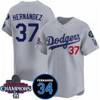 Los Angeles Dodgers #37 Teoscar Hernandez Gray AmberGomez 2024 World Series Champions With Fernando Memorial Patch Vapor Premier Limited Stitched Jersey