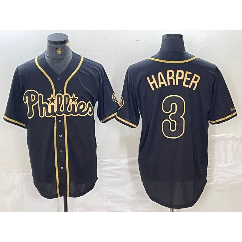 Philadelphia Phillies #3 Bryce Harper Black Gold AmberGomez Cool Base Stitched Jersey