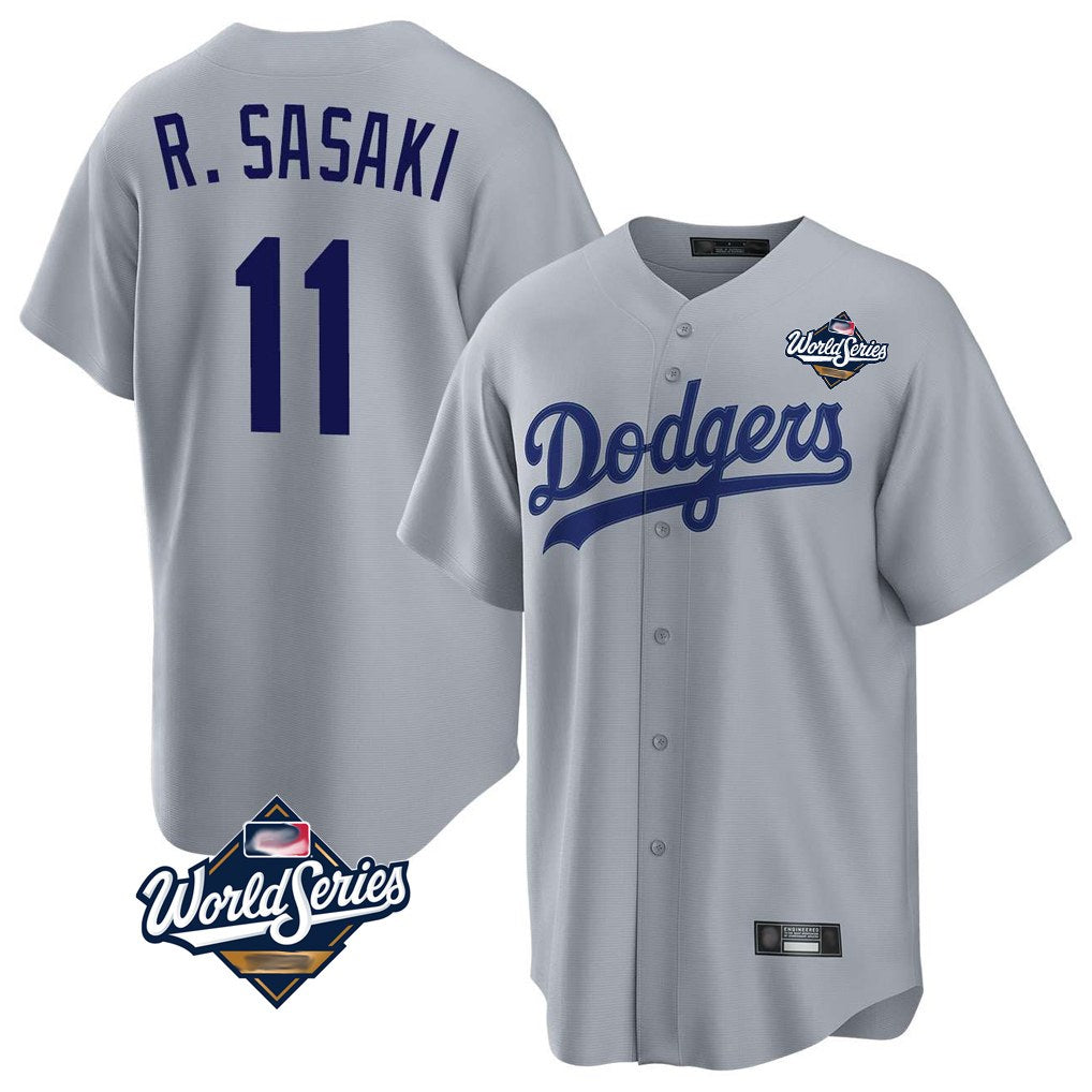 Los Angeles Dodgers #11 Roki Sasaki Player Gray AmberGomez World Series Game Stitched Jerseys