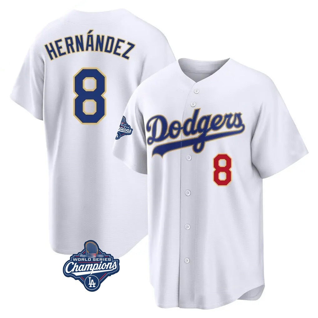 Los Angeles Dodgers #8 Enrique Hern¨¢ndez Player Gold White AmberGomez World Series Meet 2026 Collection Stadium Limited Stitched Jerseys