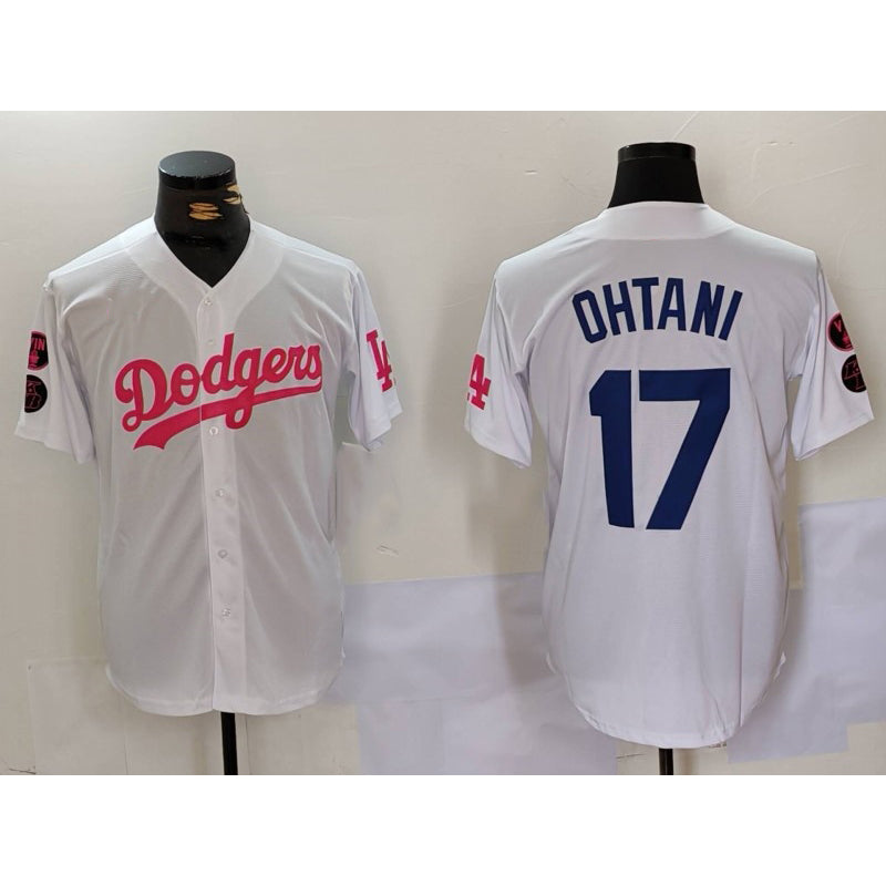 Los Angeles Dodgers #17 Shohei Ohtani White Pink AmberGomez Vin & Kobe Patch Stitched Jersey 2