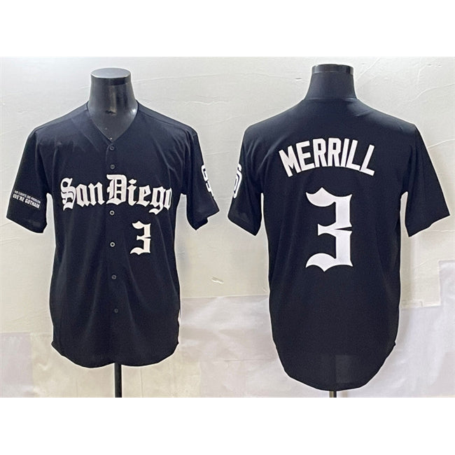 San Diego Padres #3 Jackson Merrill Black AmberGomez Gothic Edition Vapor Limited Stitched Jersey