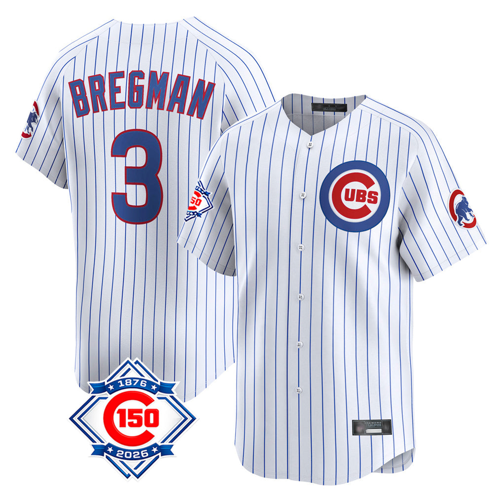 Chicago Cubs #3 Alex Bregman Player White AmberGomez 150th Anniversary Limited Home Game Stitched Jerseys