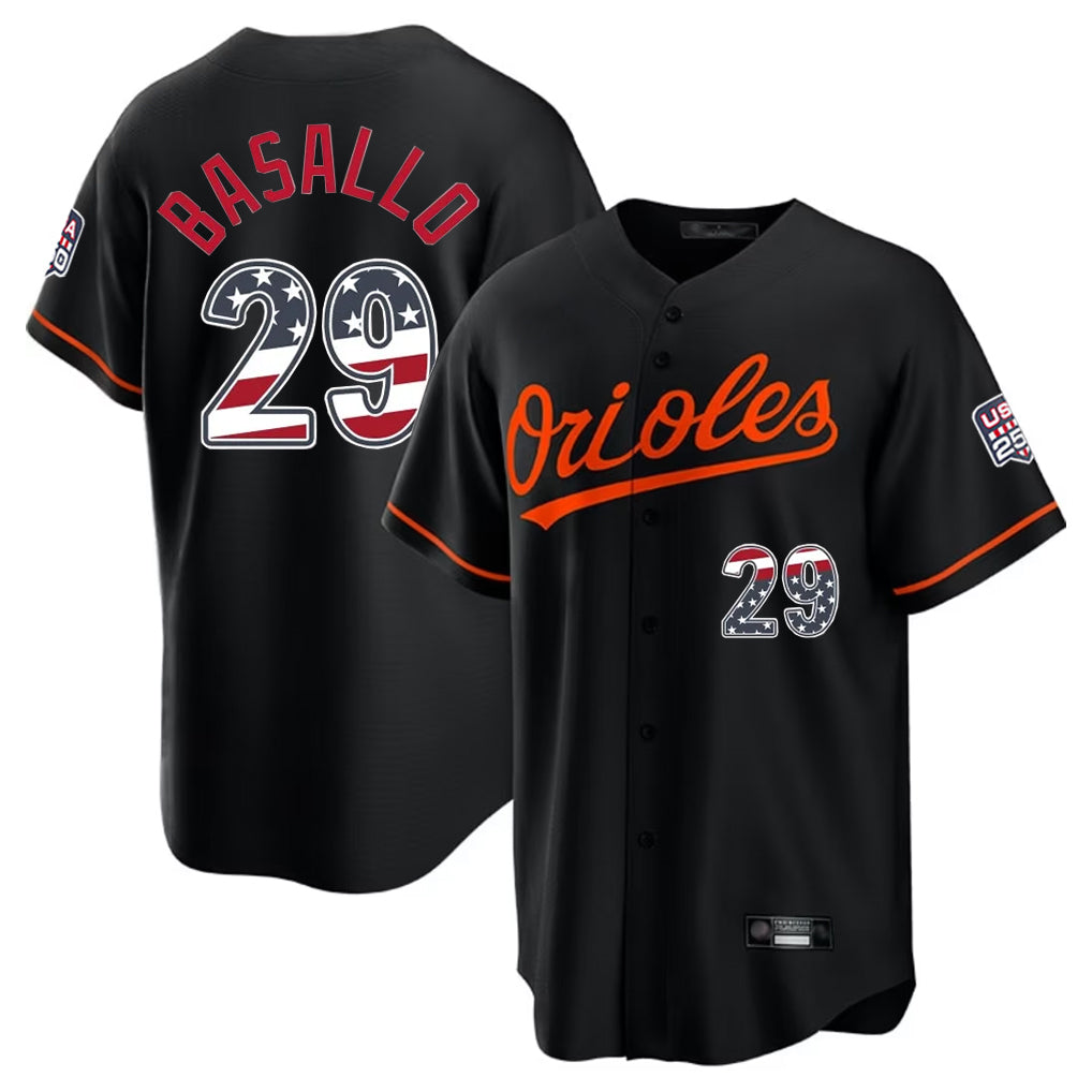 Baltimore Orioles #29 Samuel Basallo Player Black AmberGomez USA 250 Fourth of July Home Game Stitched Jerseys