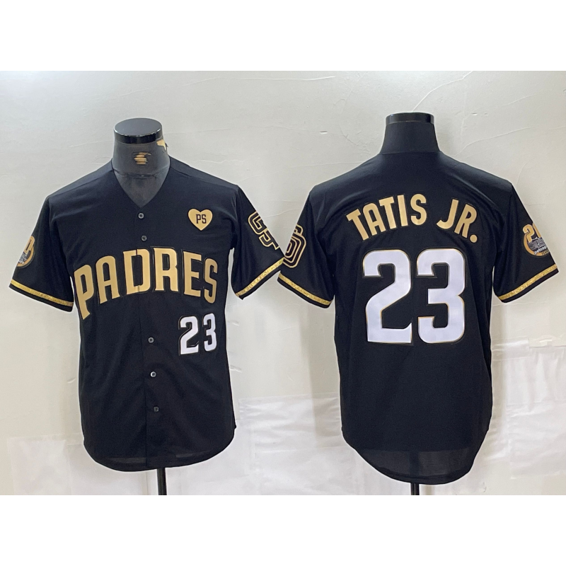 San Diego Padres #23 Fernando Tatis Jr Black Gold AmberGomez With Patch Cool Base Stitched Jersey