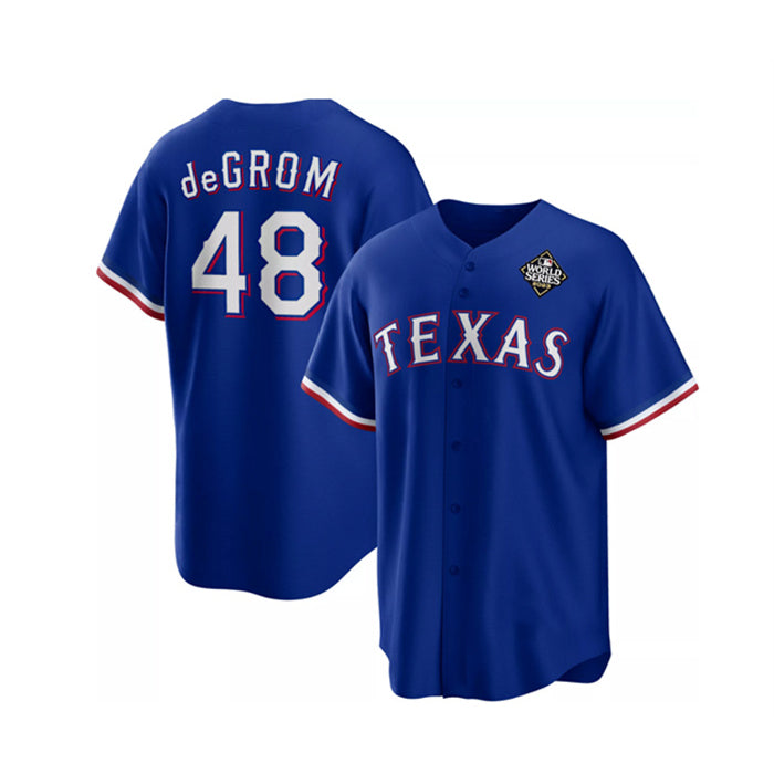 Texas Rangers #48 Jacob DeGrom Royal AmberGomez 2023 World Series Cool Base Stitched Jersey