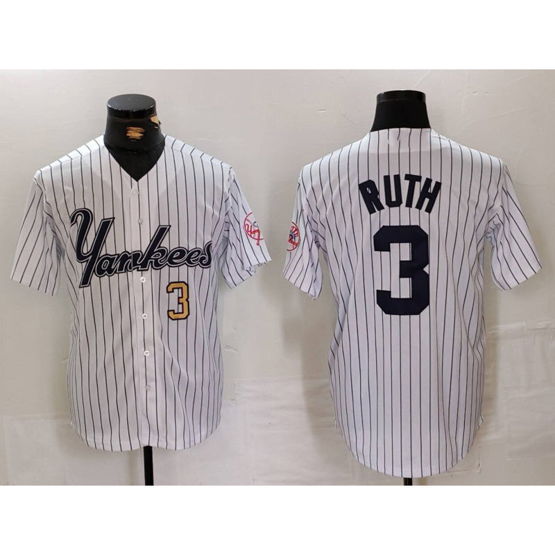 New York Yankees #3 Babe Ruth White AmberGomez Pinstripe Fashion Cool Base Jerseys 2