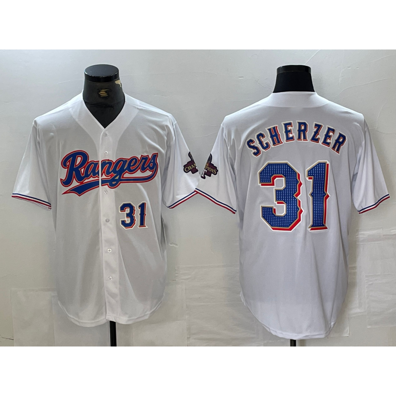 Texas Rangers #31 Max Scherzer Number White AmberGomez 2023 World Series Champions Cool Base Jerseys