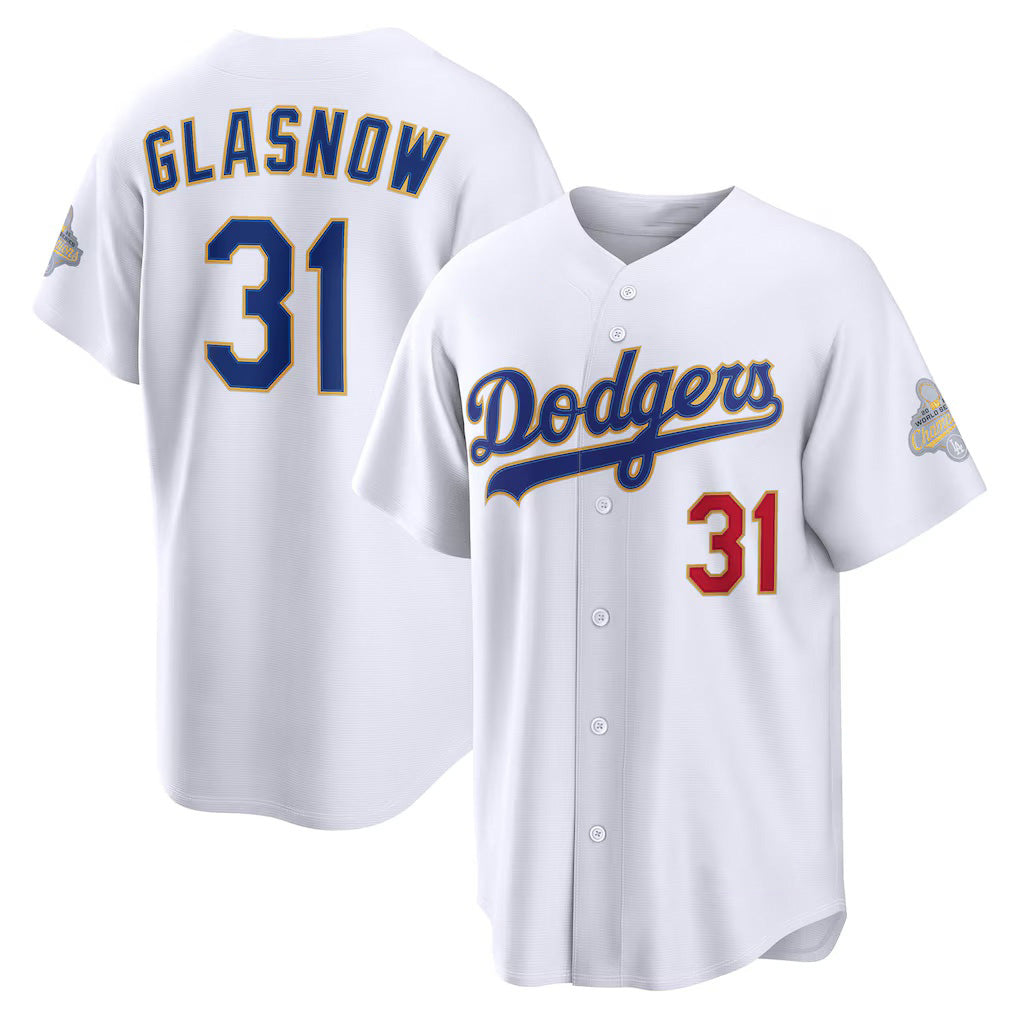 Los Angeles Dodgers #31 Tyler Glasnow White AmberGomez 2026 Gold Collection Stadium Jersey