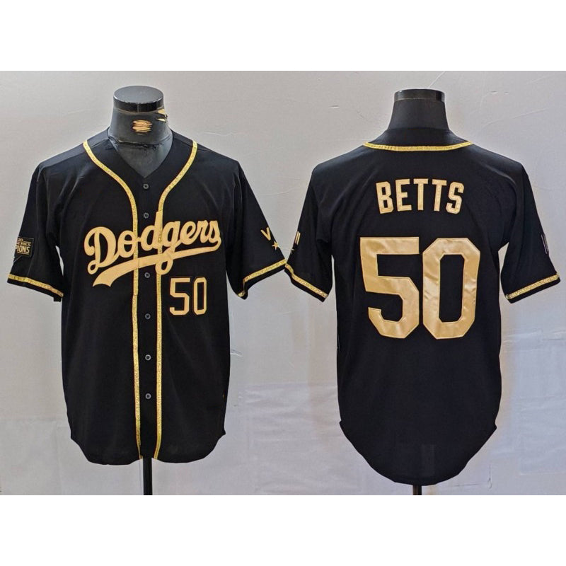 Los Angeles Dodgers #50 Mookie Betts Number Black Gold AmberGomez World Series Champions Cool Base Stitched Jersey