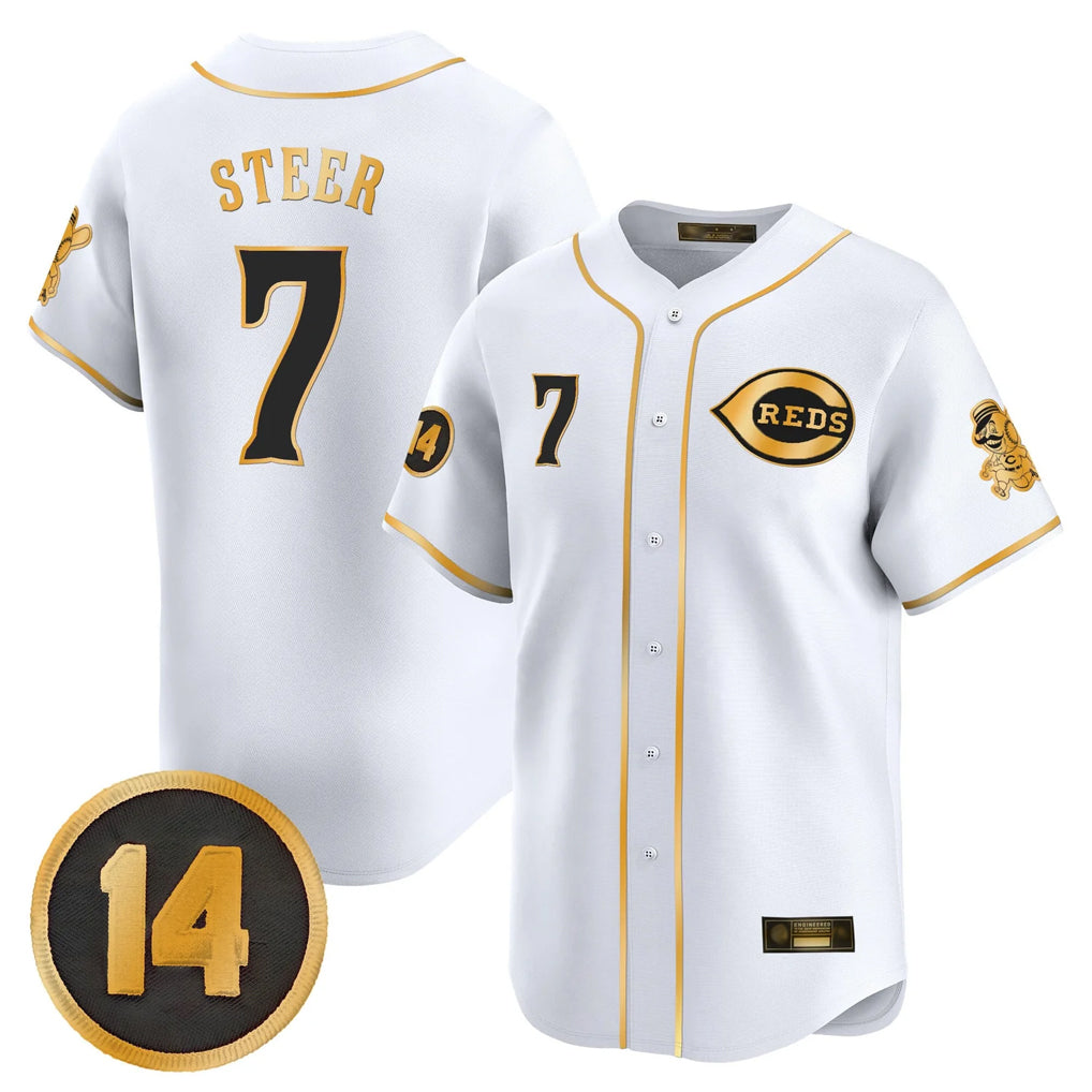Cincinnati Reds #7 Spencer Steer Player White-Gold AmberGomez Vapor Premier Limited Home Stitched Jerseys