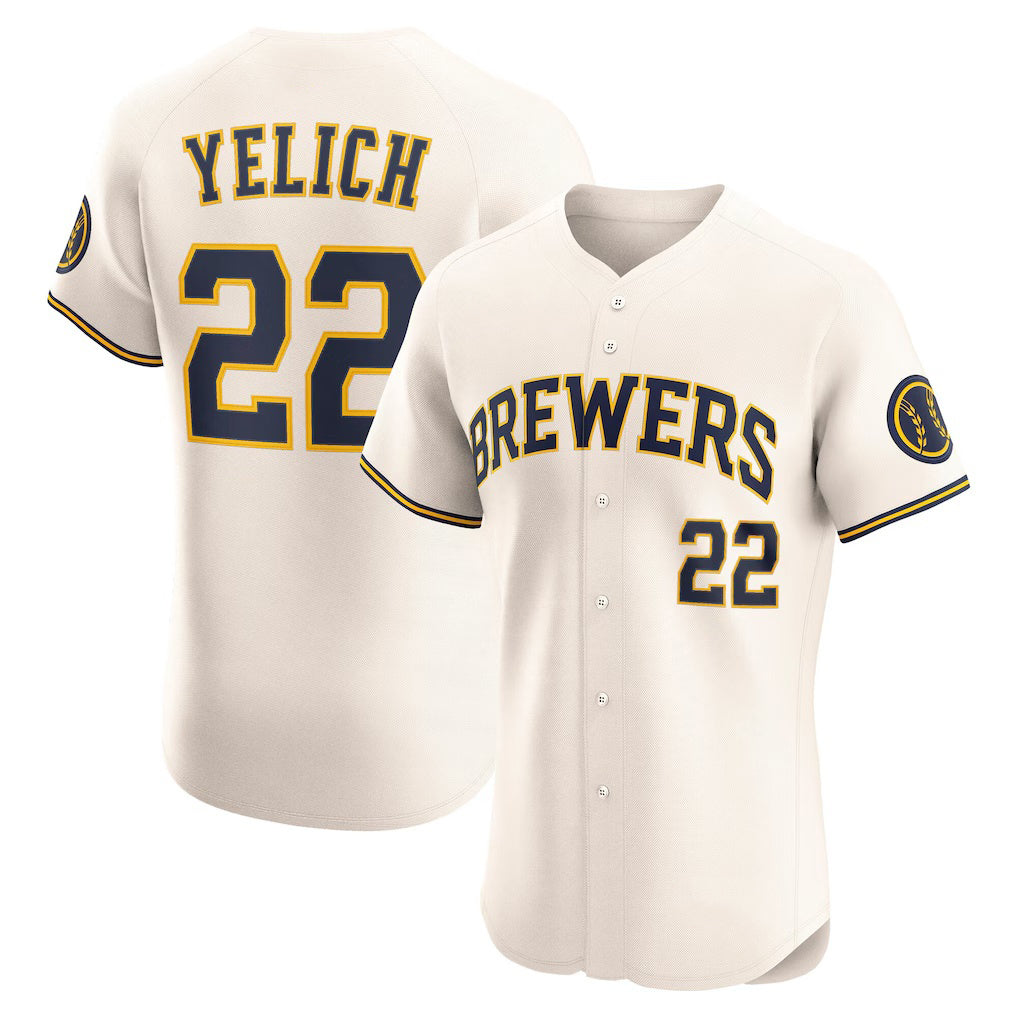 Milwaukee Brewers #22 Christian Yelich Cream AmberGomez Home Elite Player Jersey