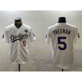 Los Angeles Dodgers #5 Freddie Freeman White Gold AmberGomez 2024 World Series With No. 34 Patch Home Limited Stitched Jersey