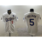 Los Angeles Dodgers #5 Freddie Freeman White Gold AmberGomez 2024 World Series With No. 34 Patch Home Limited Stitched Jersey