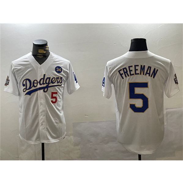 Los Angeles Dodgers #5 Freddie Freeman White Gold AmberGomez 2024 World Series With No. 34 Patch Home Limited Stitched Jersey
