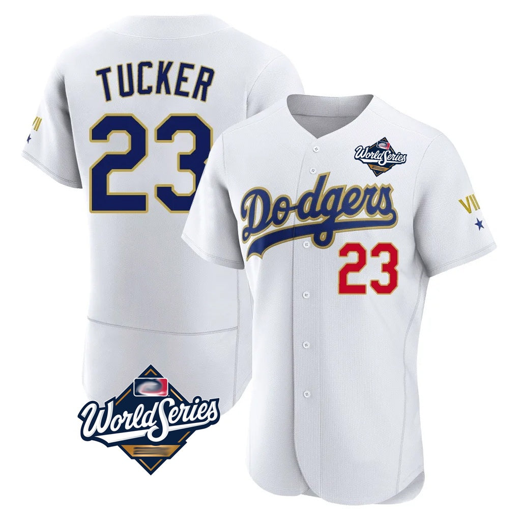 Los Angeles Dodgers #23 Kyle Tucker Player Gold White AmberGomez World Series 2026 Collection Stadium Limited Elite Stitched Jerseys