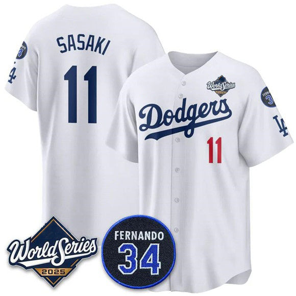 Los Angeles Dodgers #11 R¨­ki Sasaki White AmberGomez 2025 World Series With No. 34 Patch Limited Stitched Jersey