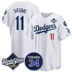 Los Angeles Dodgers #11 R¨­ki Sasaki White AmberGomez 2025 World Series With No. 34 Patch Limited Stitched Jersey