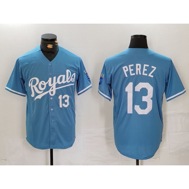 Kansas City Royals #13 Salvador Perez Number Light Blue AmberGomez Cool Base Stitched Jersey