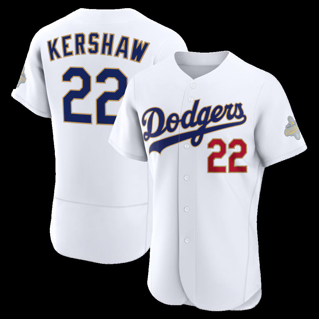 Los Angeles Dodgers #22 Clayton Kershaw White AmberGomez 2026 Gold Collection Authentic Jersey