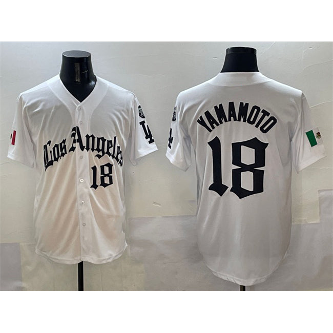 Los Angeles Dodgers #18 Yoshinobu Yamamoto White AmberGomez Mexico 2025 LA Gothic Style With Fernando Patch Vapor Premier Limited Stitched Jersey