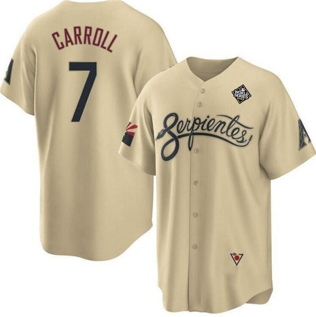 Arizona Diamondbacks #7 Corbin Carroll Gold AmberGomez 2023 World Series City Connect Cool Base Stitched Jersey
