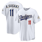 Los Angeles Dodgers #11 Roki Sasaki White AmberGomez 2026 Gold Collection Stadium Jersey