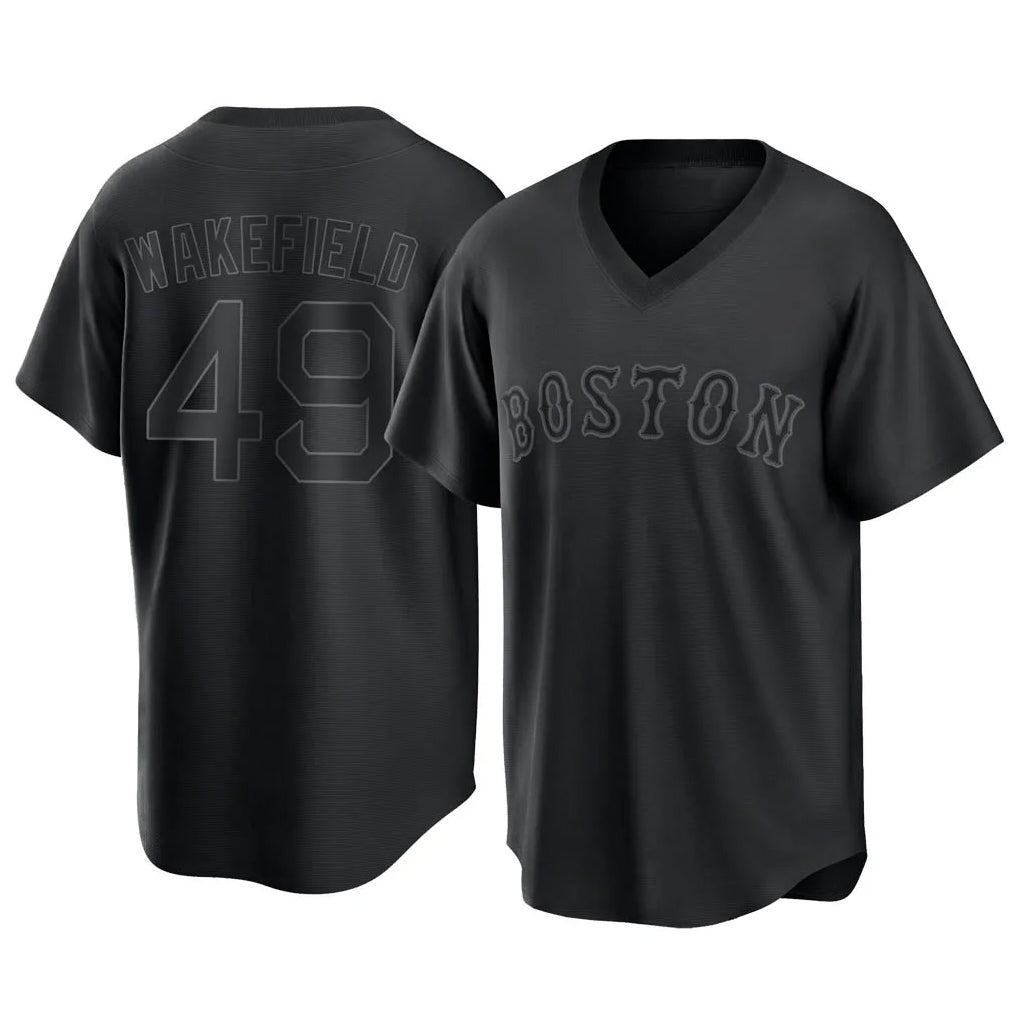 Boston Red Sox #49 Tim Wakefield Player Black AmberGomez T-shirt Home Game Stitched Jerseys
