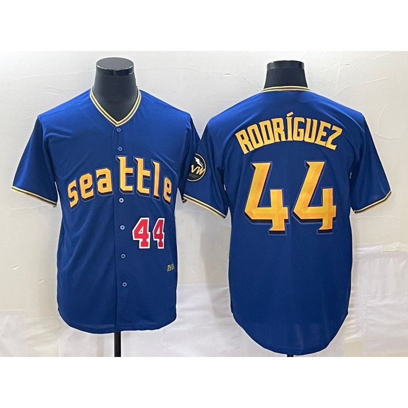 Seattle Mariners #44 Julio Rodriguez Number Blue AmberGomez 2023 City Connect Cool Base Stitched Jersey 1