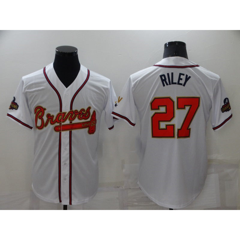 Atlanta Braves #27 Austin Riley 2022 White Gold AmberGomez World Series Champions Program Cool Base Stitched Jersey