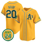 Oakland Athletics #20 Zack Gelof Yellow AmberGomez 2024 Limited With Rickey Henderson Patch Stitched Jersey