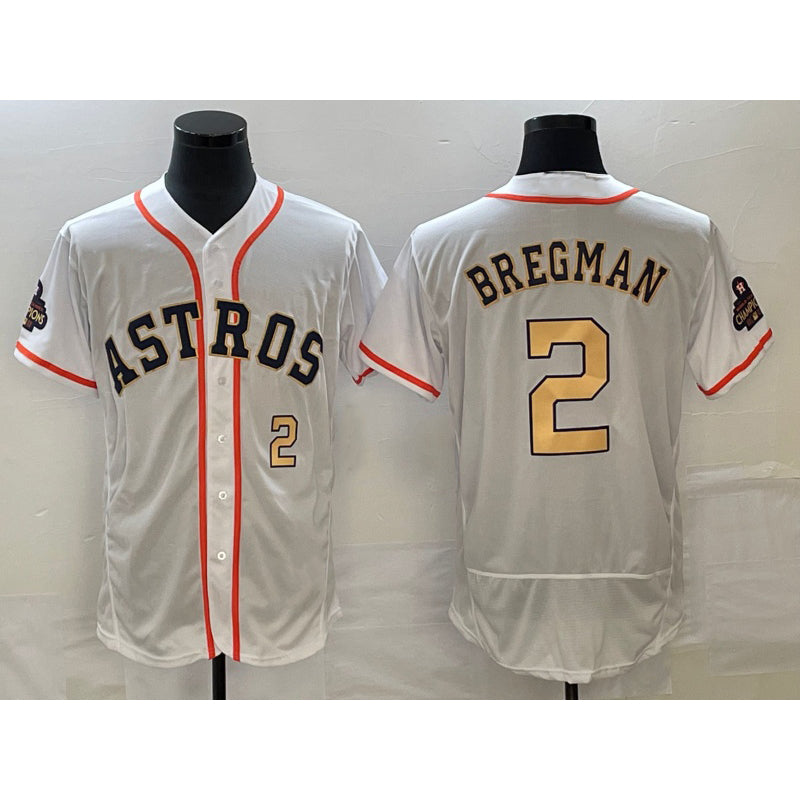 Houston Astros #2 Alex Bregman Number 2023 White Gold AmberGomez World Serise Champions Patch Flex Base Stitched Jersey