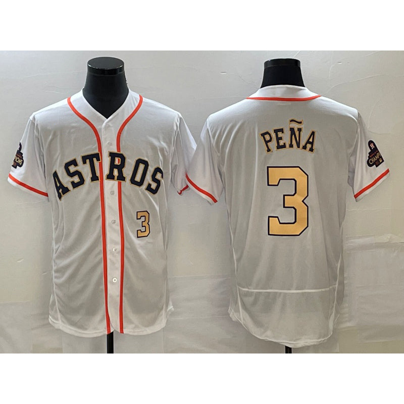 Houston Astros #3 Jeremy Pena Number 2023 White Gold AmberGomez World Serise Champions Patch Flex Base Stitched Jersey 2