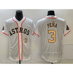 Houston Astros #3 Jeremy Pena Number 2023 White Gold AmberGomez World Serise Champions Patch Flex Base Stitched Jersey 2