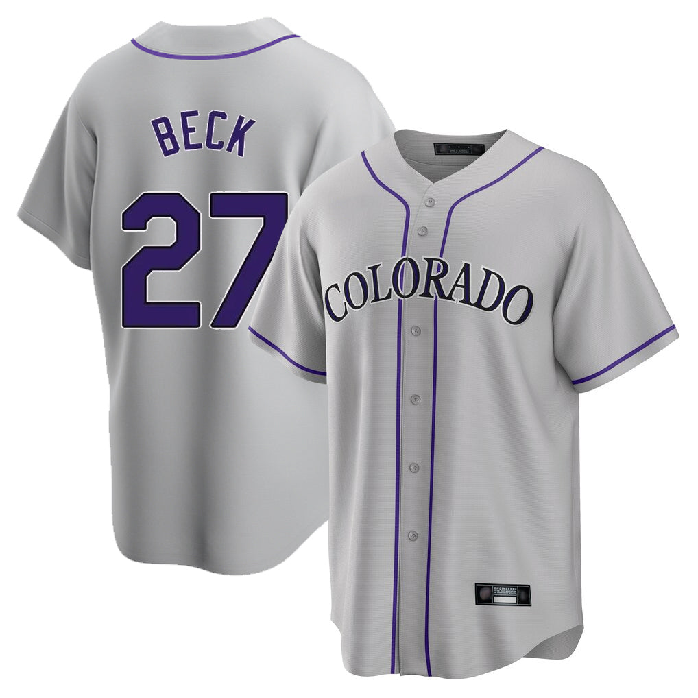 Colorado Rockies #27 Jordan Beck Player Gray AmberGomez Game Home Stitched Jerseys