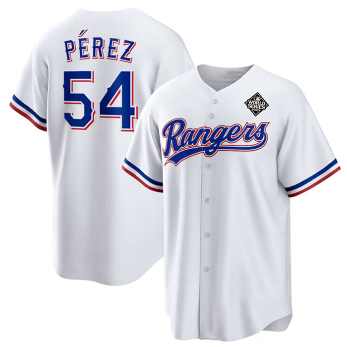 Texas Rangers #54 Mart¨ªn P¨¦rez White AmberGomez 2023 World Series Stitched Jersey